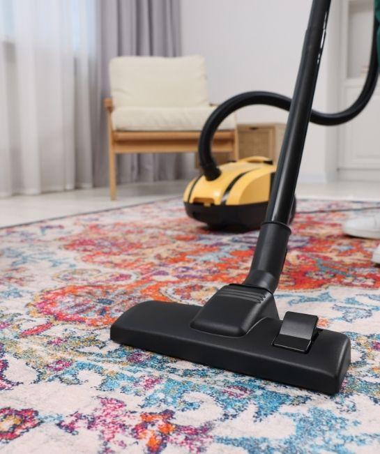 Vacuum head moving across a dark grey shag carpet