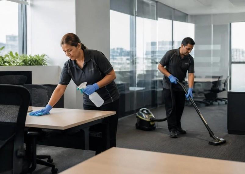 Two uniformed cleaners wiping a desk and vacuuming carpet in an open-plan office