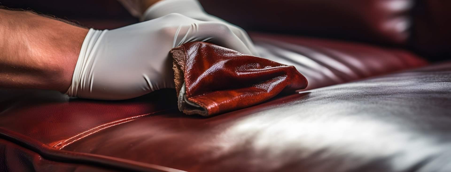 Gloved hand wiping a dark red leather sofa